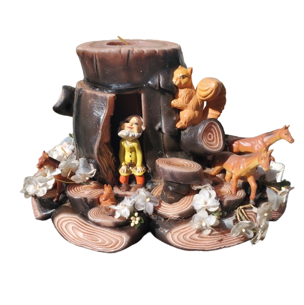 Vintage Kitschy 1970s Sculpted Woodland Gnome Tree Candle - 9.5" X 6.5" 5.75"